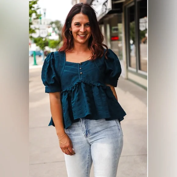 NWT Entro Teal Blouse with Puff Sleeves - Picture 2 of 6